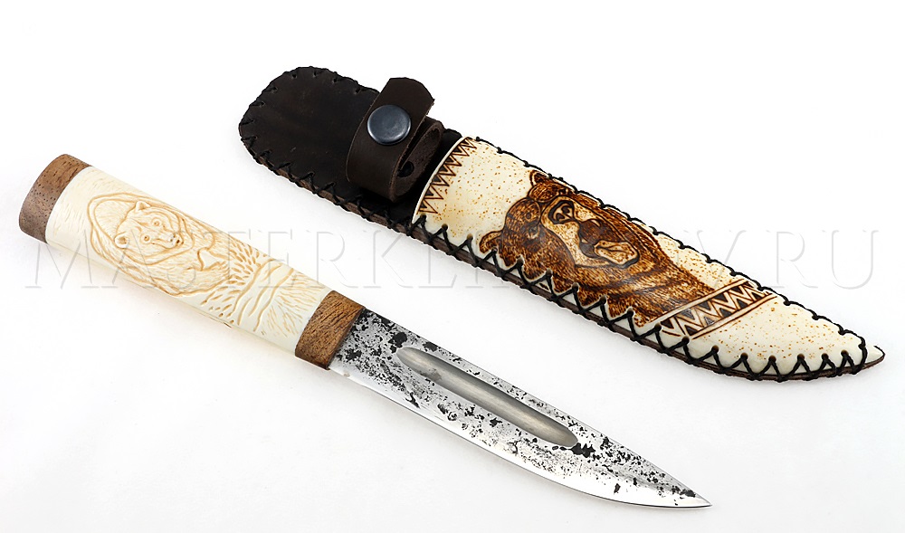 Нож из стали 9ХС Якут малый, рукоять - рог лося, резьба