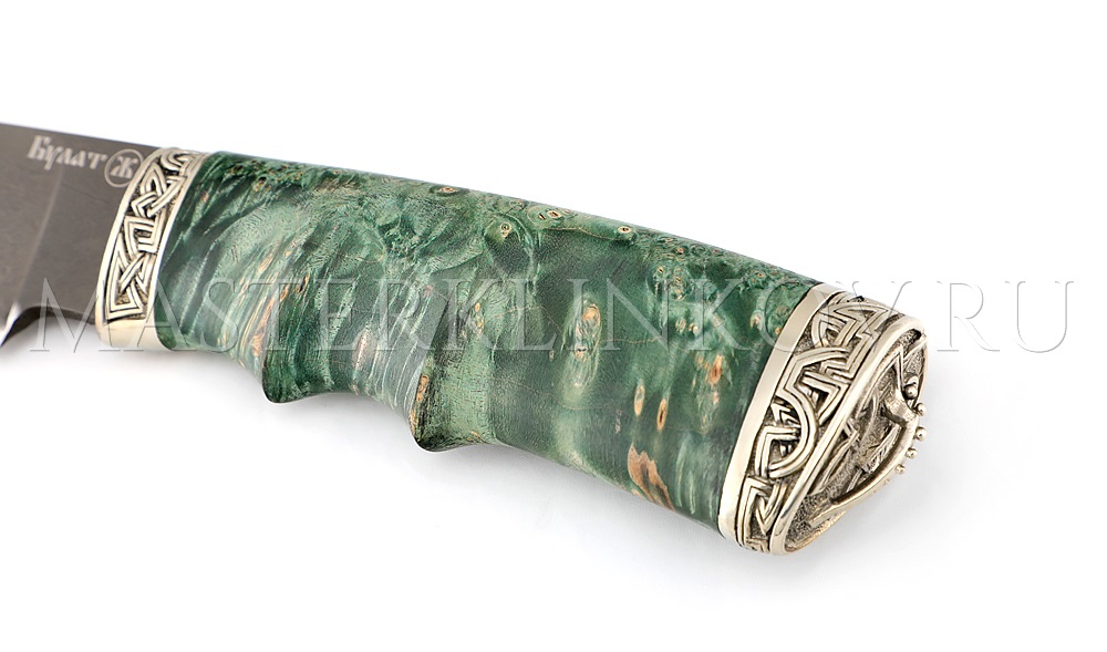 Нож из булатной стали «Медведь», рукоять - стабилизированная карельская береза под пальцы, литье