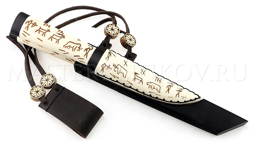 Нож из стали 9ХС HOMO SAPIENS Якут двойной, рог лося, резьба