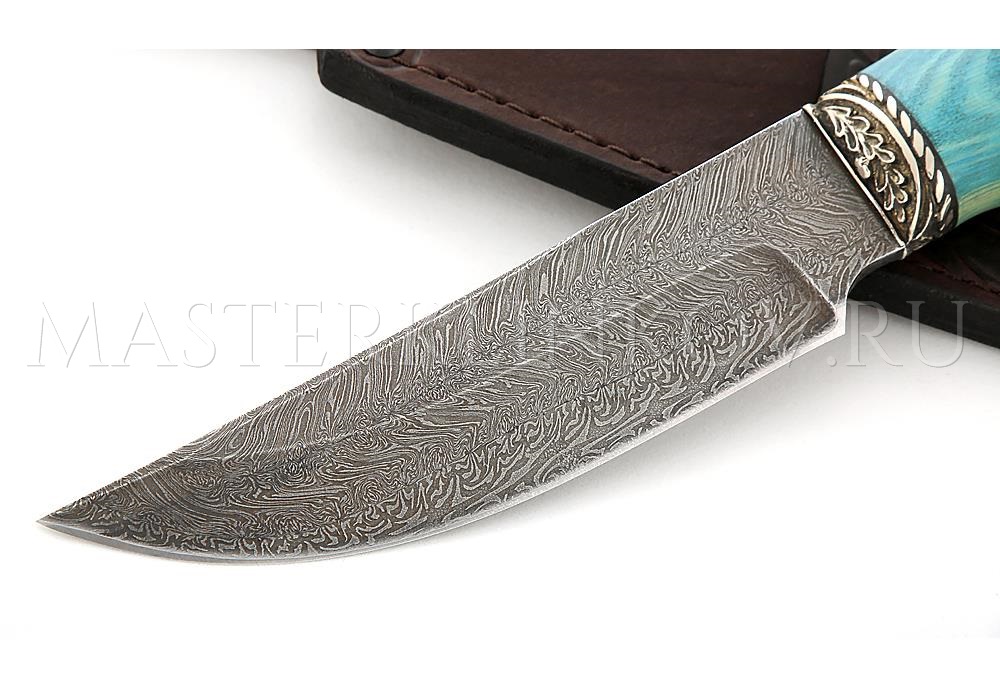 Нож Егерь торцевой дамаск, стабилизированный граб, литье