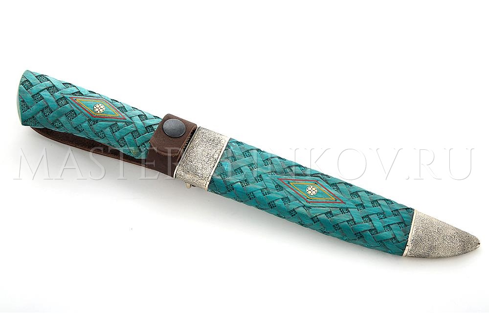 Нож Осетр мозаичный дамаск, рукоять и ножны - стабилизированный граб, резьба, литье