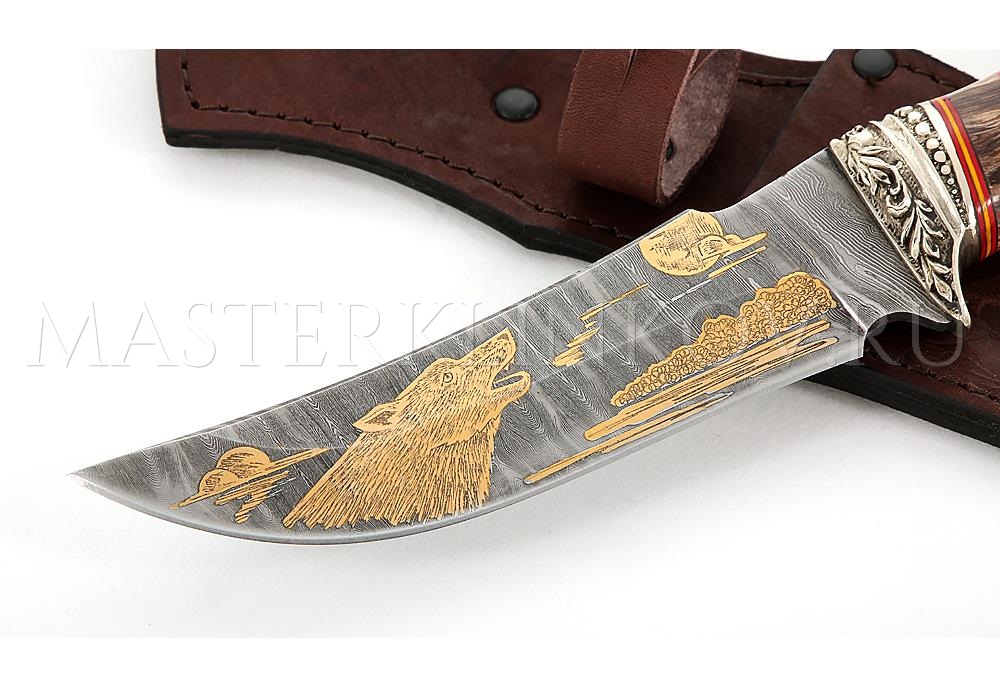 Нож из дамасской стали Восток, гравировка золочением, наборная рукоять