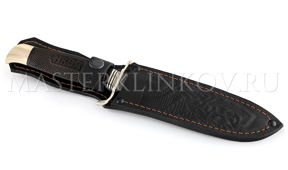 Нож Финка НКВД реплика, дамасская сталь, рукоять- граб, резьба, мельхиор