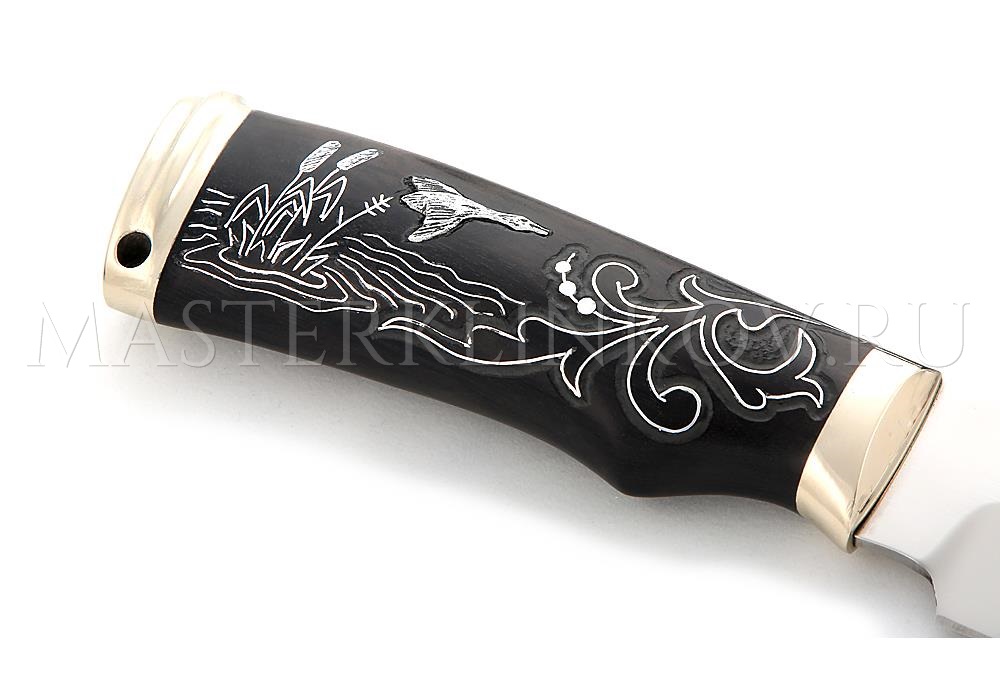 Нож из порошковой стали Elmax Егерь, черный граб с инкрустацией, мельхиор