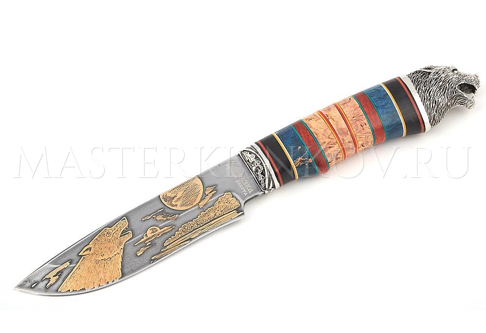 Нож из алмазной стали Волк, золочение, рукоять - комбинированная, наборная, литье