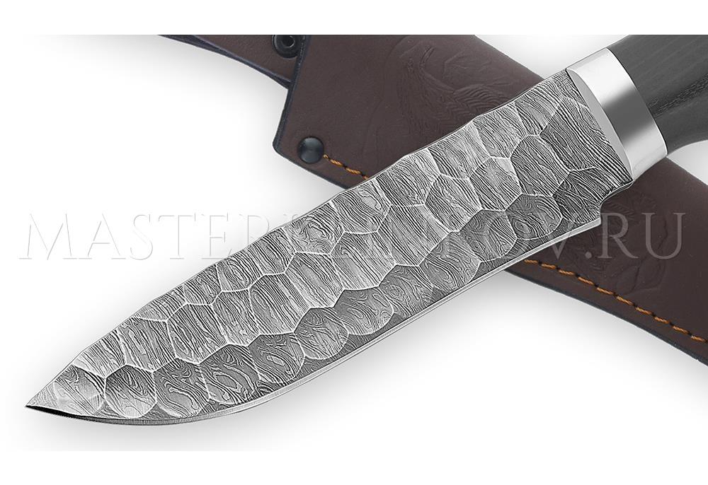 Нож из дамасской стали Беркут,оформление - камень, рукоять - черный граб, мельхиор