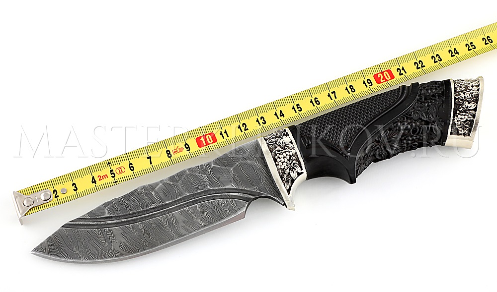 Нож из дамасской стали Бобр, долы, камень, рукоять - черный граб, резьба, литье