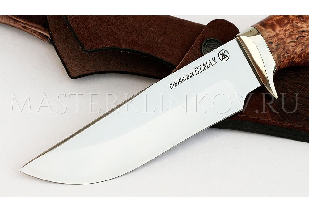 Нож из порошковой стали Elmax Сокол, рукоять - карельская береза, мельхиор
