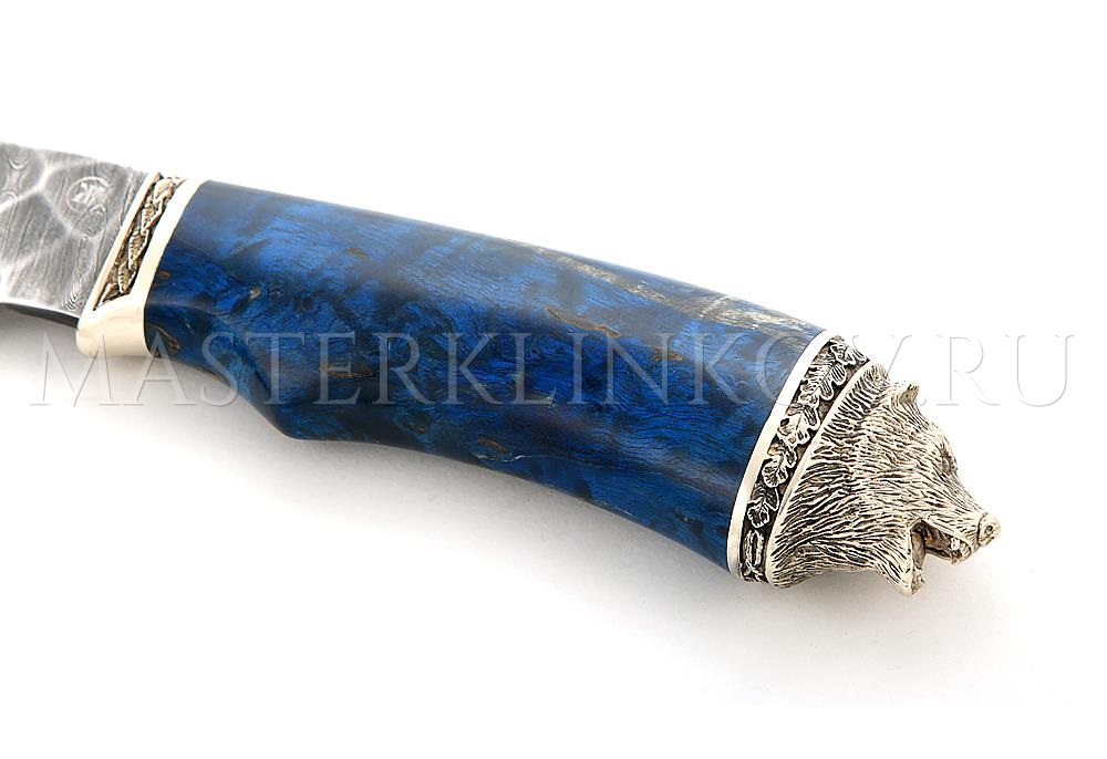 Нож из дамасской стали «Медведь», долы, камень, рукоять — карельская береза, литье