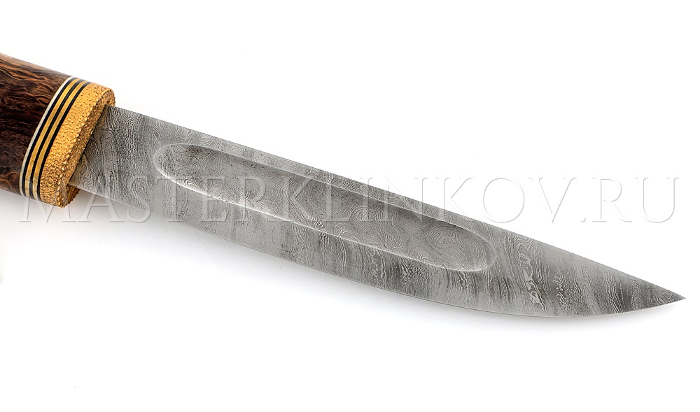 Нож из дамасской стали Якут большой, рукоять - карельская береза, инкрустация