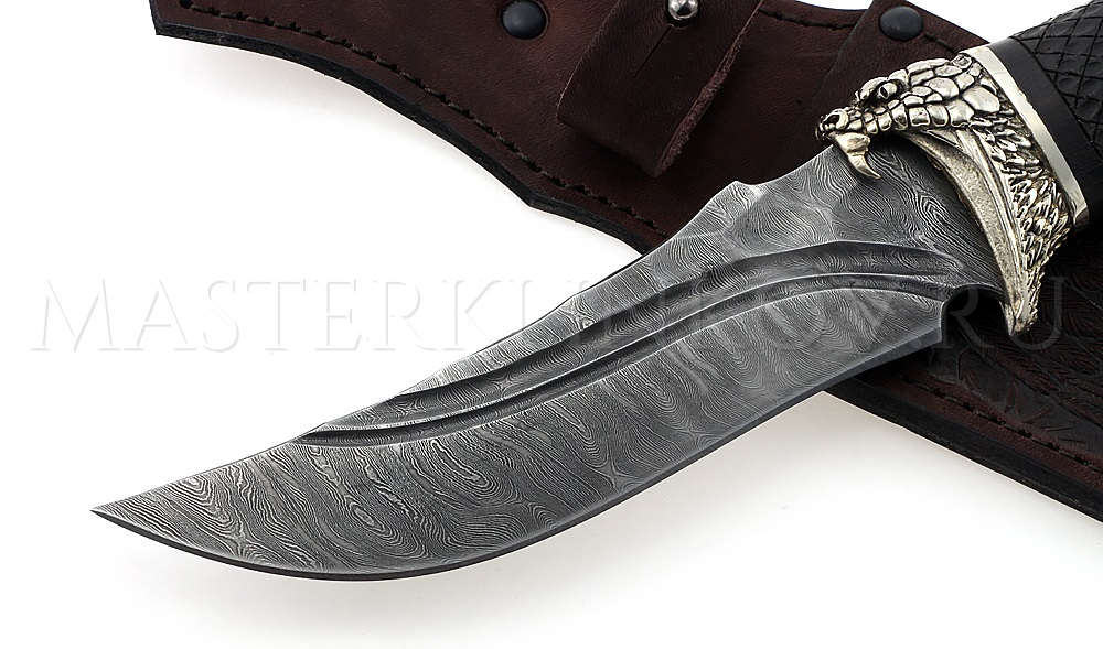 Нож из дамасской стали Восток, долы, камень, рукоять - граб, резьба, литье