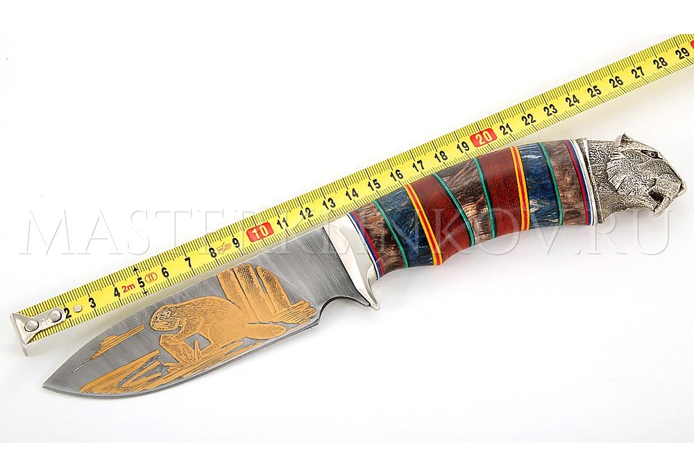 Нож из дамасской стали Бобр золочение, рукоять - наборная карельская береза, литье