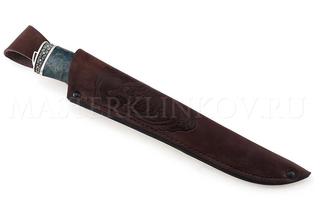 Нож из порошковой стали Böhler K390 Осетр, рукоять — стаб. карельская береза, литье