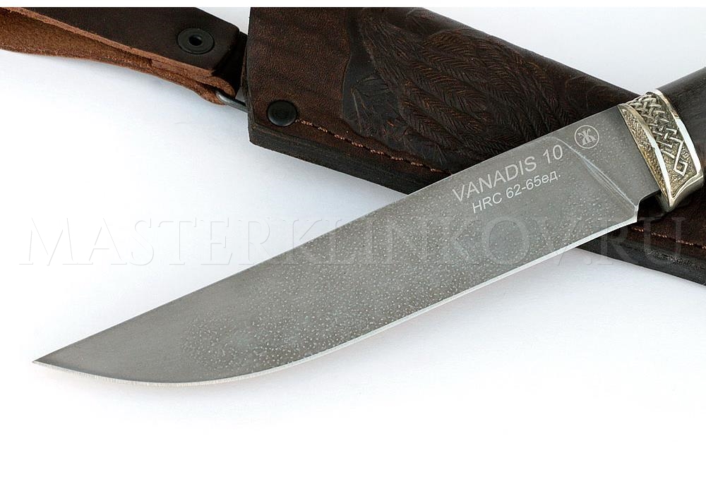 Нож из порошковой стали Vanadis 10 Осетр, рукоять под пальцы — черный граб