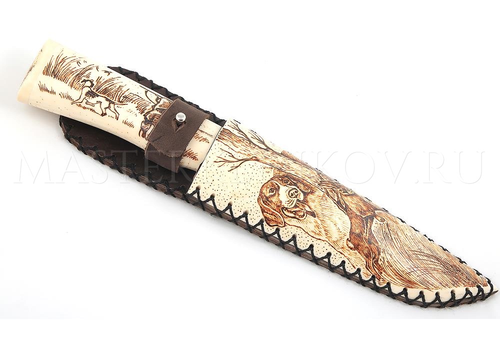 Нож из дамасской стали Волк, камень, рукоять, ножны - рог лося, выжигание