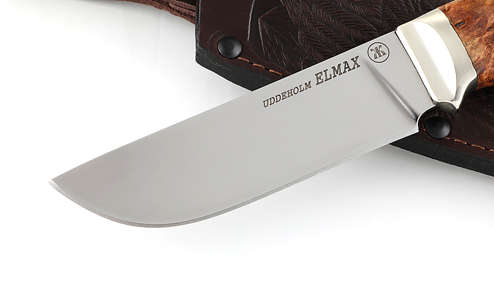 Нож из порошковой стали Elmax Кедр, рукоять - карельская береза, мельхиор