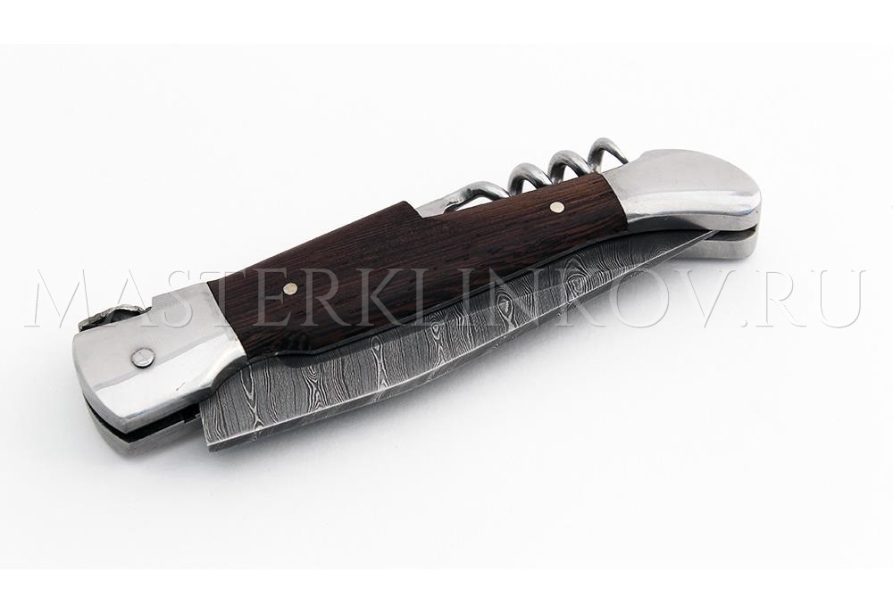 Нож складной из дамасской стали Филин двухпредметный со штопором, рукоять - венге
