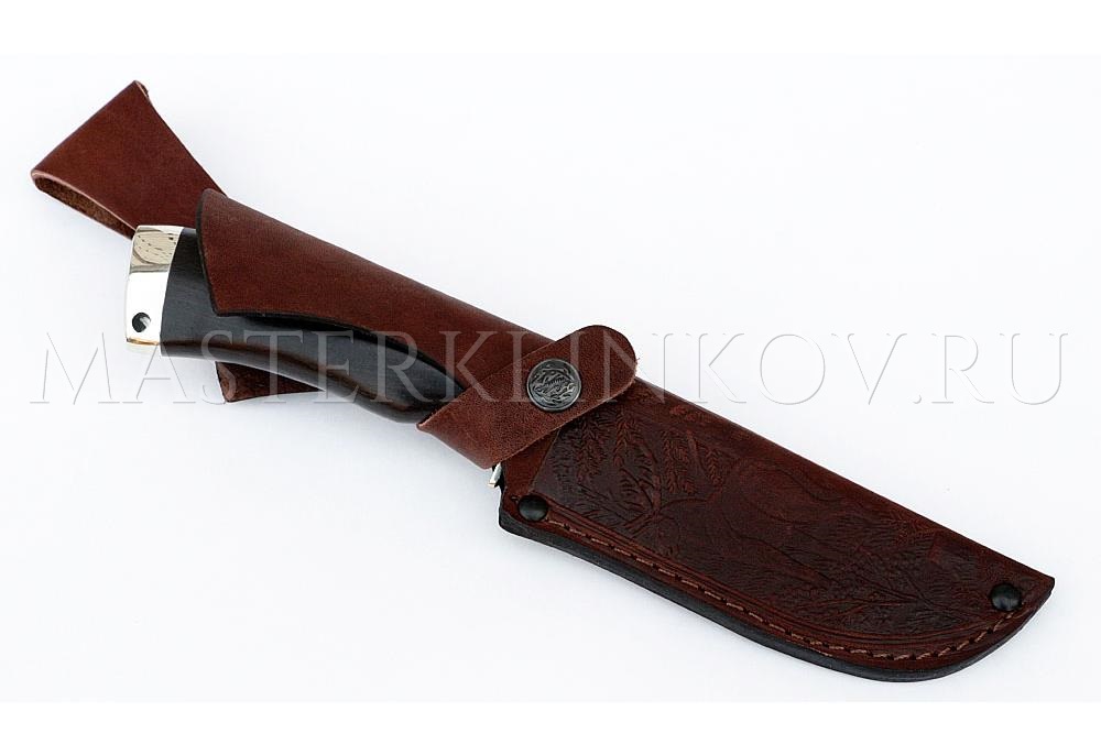 Нож из дамасской стали Бобр,вырубка, рукоять - черный граб, мельхиор