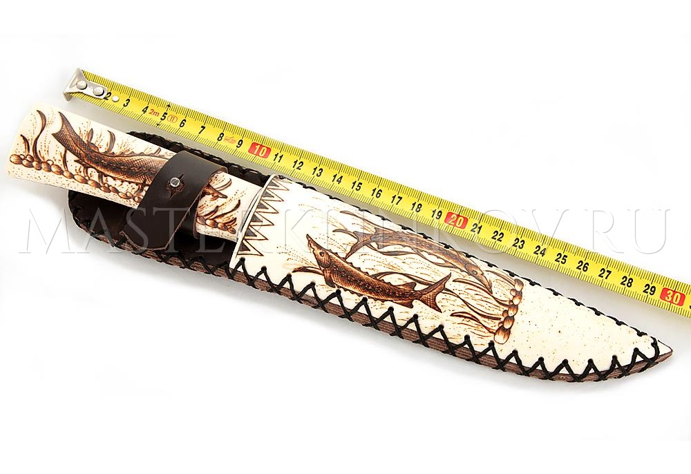 Нож из дамасской стали Осетр, гравировка, рог лося, выжигание