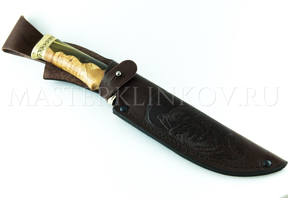 Нож из порошковой стали М390 Клык, рукоять - карельская береза, акрил, мельхиор