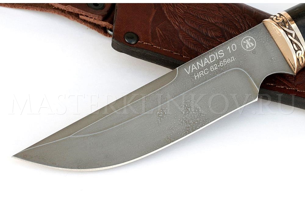 Нож из порошковой стали Vanadis 10 Золотоискатель, рукоять  — черный граб, литье бронза