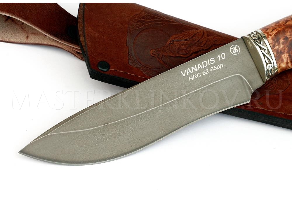 Нож из порошковой стали Vanadis 10 Беркут, рукоять — карельская береза, литье