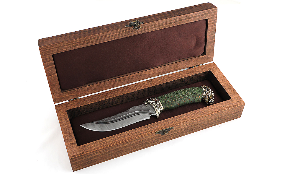 Нож из дамасской стали Восток, долы, камень, рукоять - карельская береза, резьба, литье