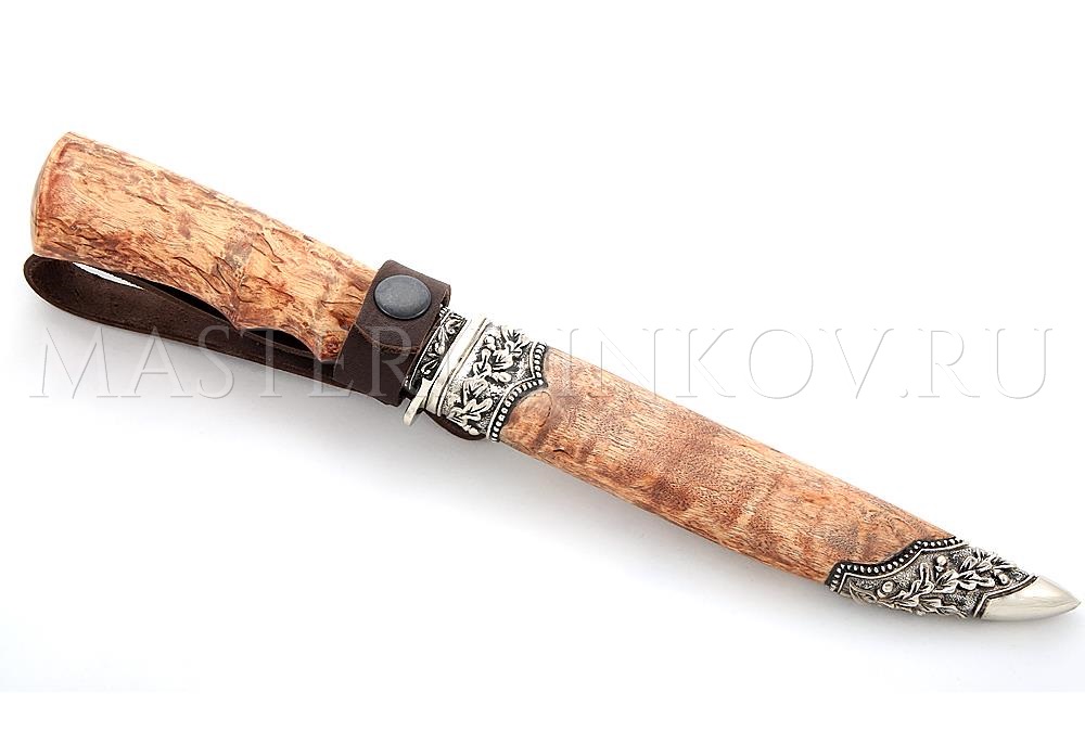 Нож из порошковой стали Elmax Соболь, рукоять и ножны - карельская береза, литье