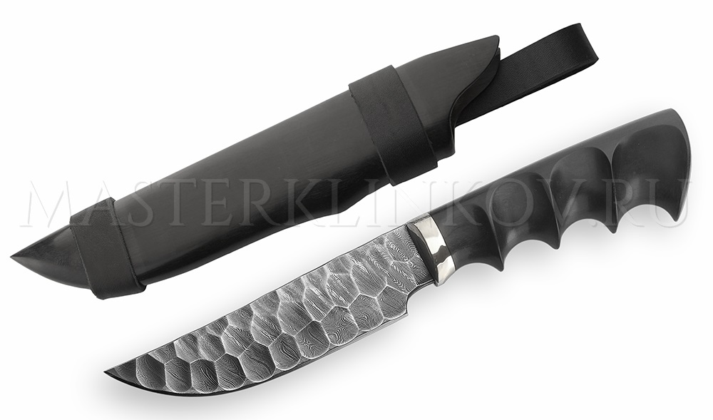 Нож Егерь из дамасской стали, каменный век, деревянные ножны