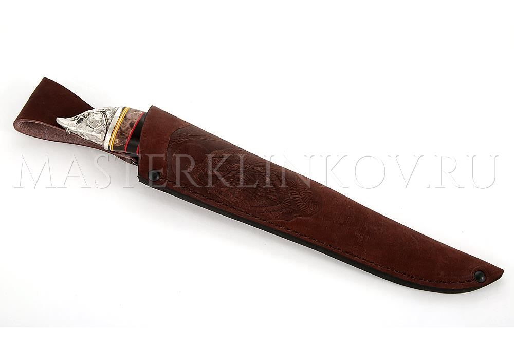 Нож из дамасской стали Осетр, золочение, рукоять - наборная, карельская береза