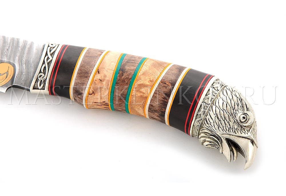 Нож из дамасской стали Беркут, гравировка золочением, рукоять - карельская береза, наборная