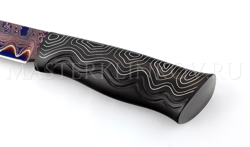 Нож Осетр мозаичный ламинат, черный граб, резьба, инкрустация