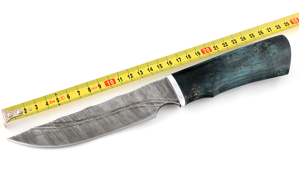 Нож из дамасской стали Золотоискатель, камень, рукоять, ножны - карельская береза