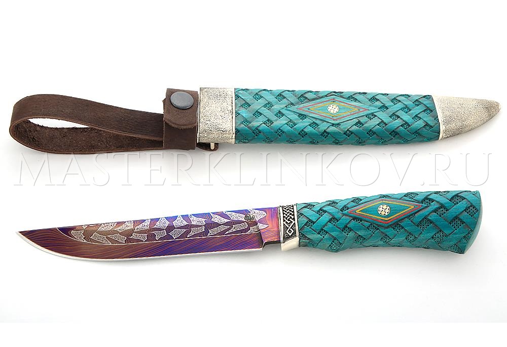 Нож Осетр мозаичный дамаск, рукоять и ножны - стабилизированный граб, резьба, литье