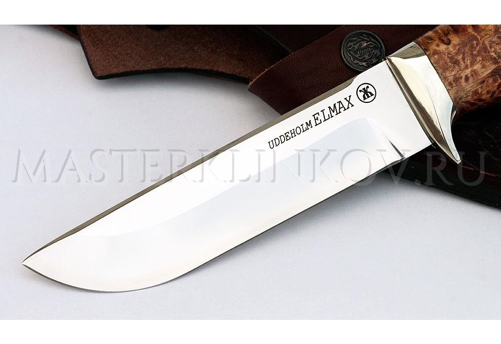 Нож из порошковой стали Elmax Глухарь, рукоять - карельская береза, мельхиор