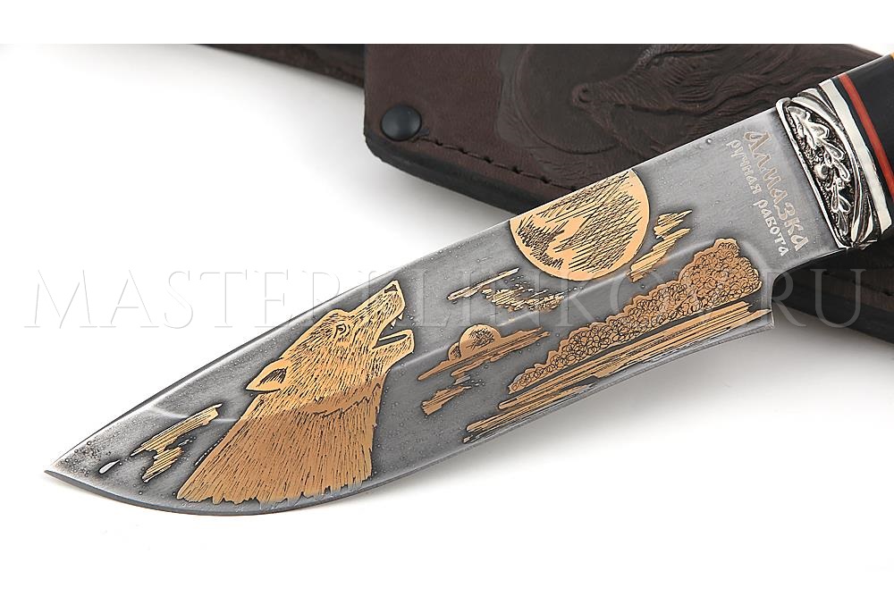 Нож из алмазной стали Волк, золочение, рукоять - комбинированная, наборная, литье