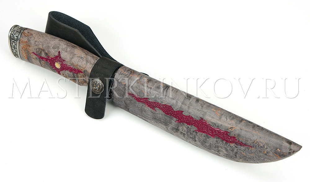 Нож из дамасской стали Осетр, долы, камень, стабилизированная карельская береза с резьбой
