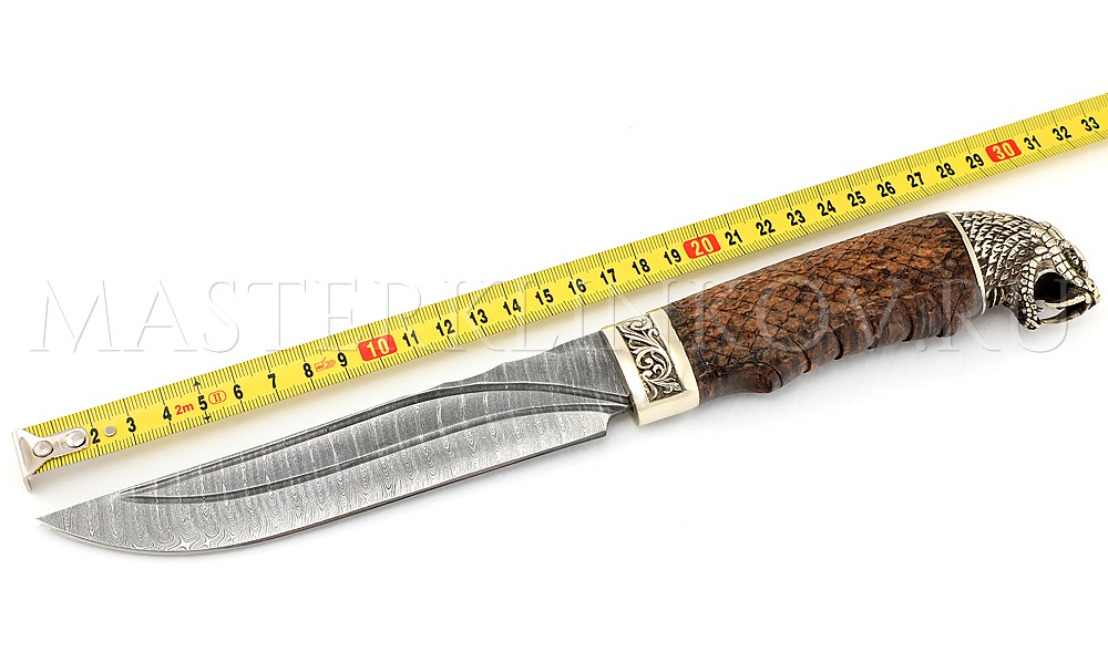Нож из дамасской стали Осетр, долы, камень, карельская береза, литье Кобра