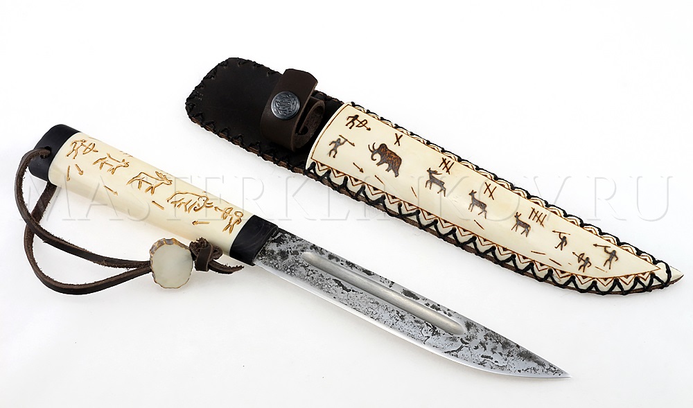 Нож из стали 9ХС HOMO SAPIENS Якут большой, рукоять - рог лося, резьба