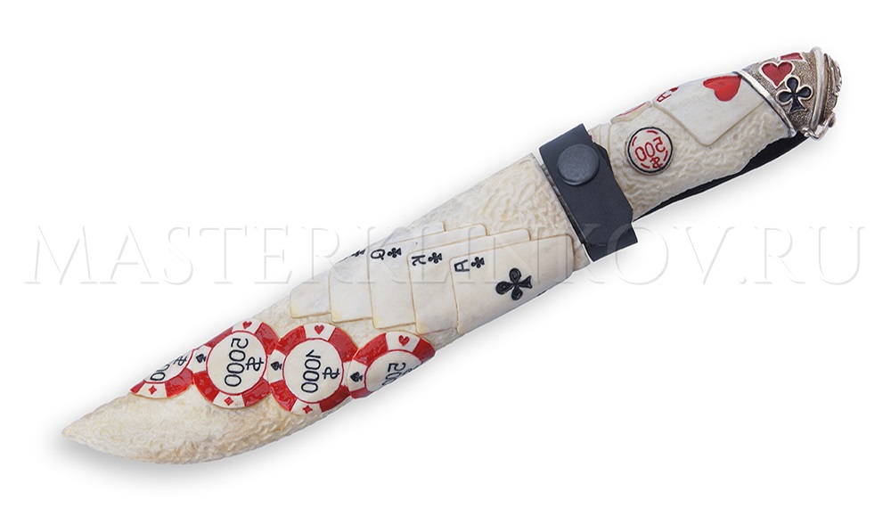 Нож Казино, мозаичный дамаск, резьба, рог лося, литье, ножны резные - рог лося