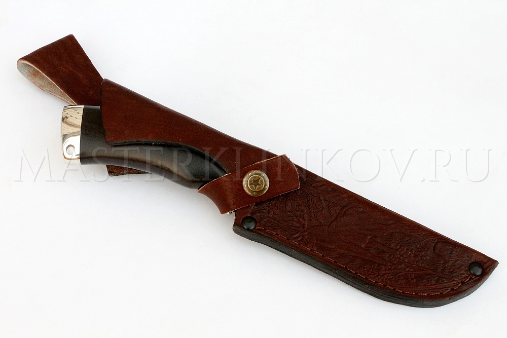 Нож из дамасской стали Бобр, долы, камень, рукоять - черный граб, мельхиор