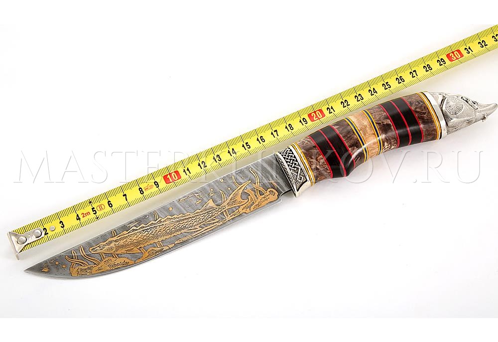 Нож из дамасской стали Осетр, золочение, рукоять - наборная, карельская береза