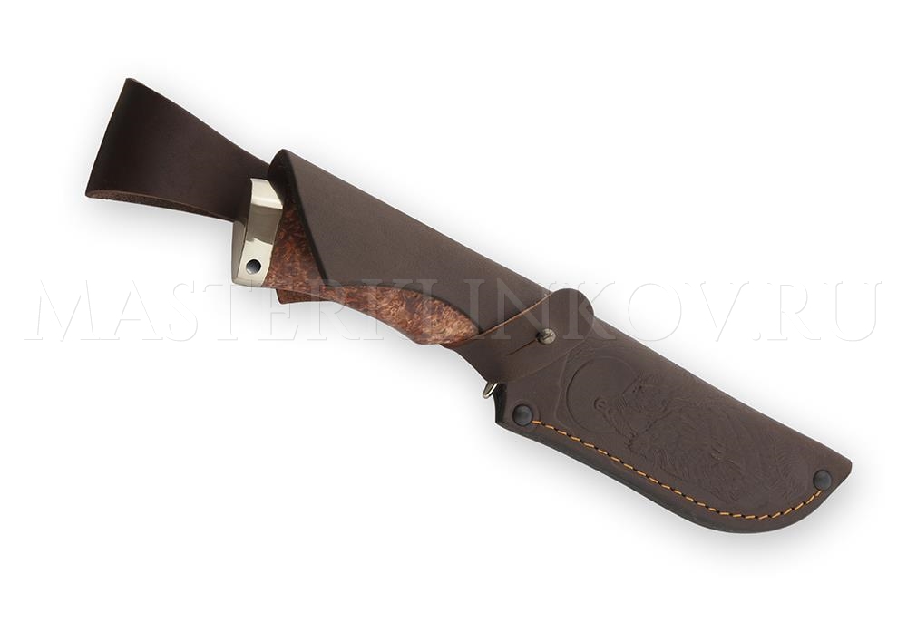 Нож из стали 9ХС Бобр, рукоять — карельская береза, литье мельхиор