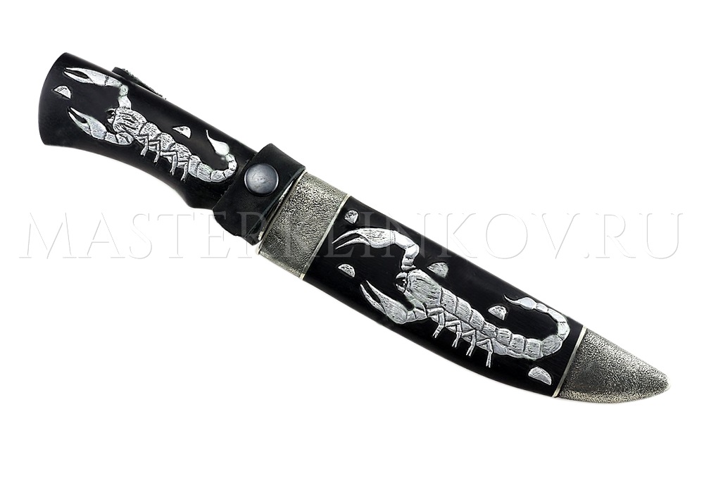 Нож из дамасской стали Золотоискатель, гравировка, черный граб, литье