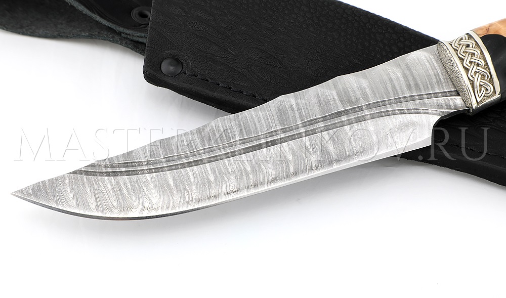 Нож из дамасской стали Медведь, долы, камень, рукоять - карельская береза, композит