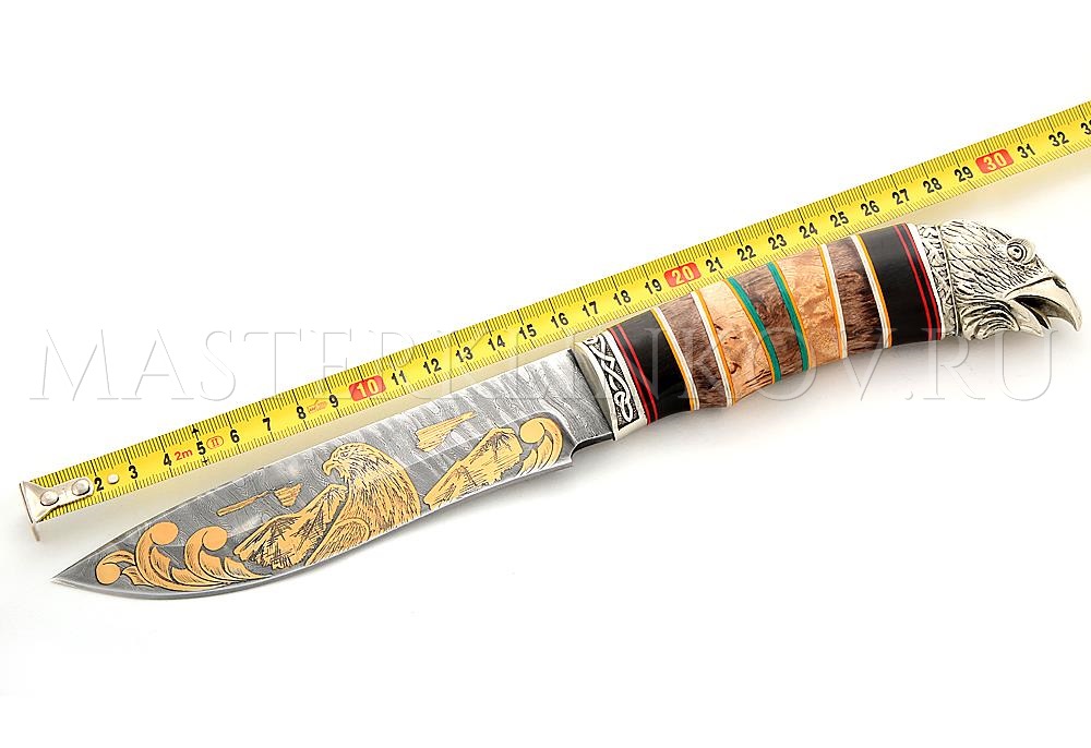 Нож из дамасской стали Беркут, гравировка золочением, рукоять - карельская береза, наборная