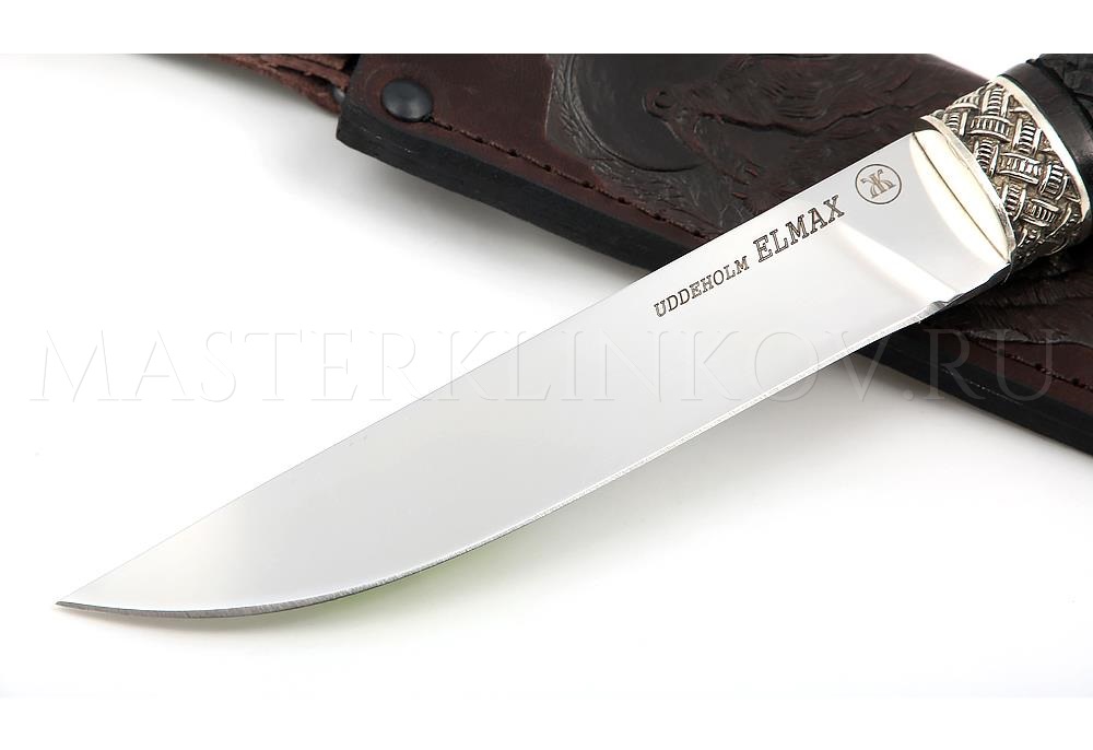 Нож из порошковой стали Elmax Лань, рукоять - черный граб, резьба, литье