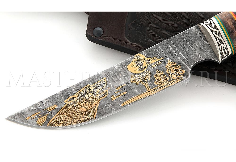 Нож из дамасской стали Золотоискатель, гравировка золочением, рукоять - наборная