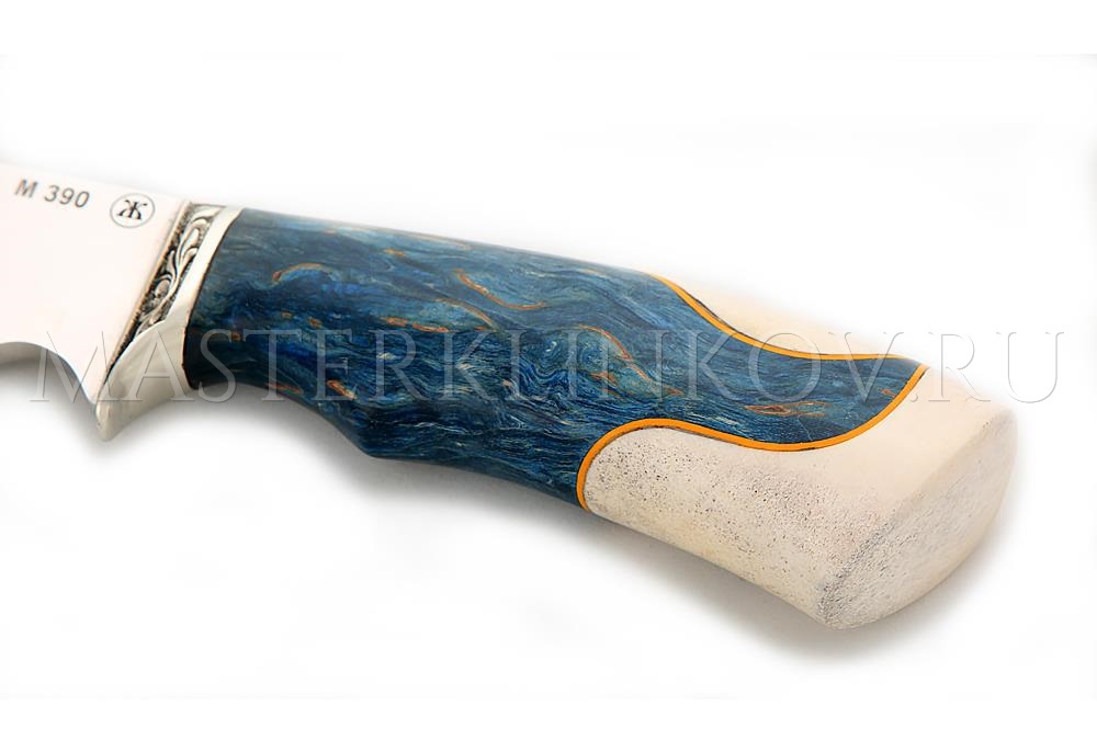 Нож из порошковой стали М390 Бобр, рукоять и ножны - карельская береза, рог лося