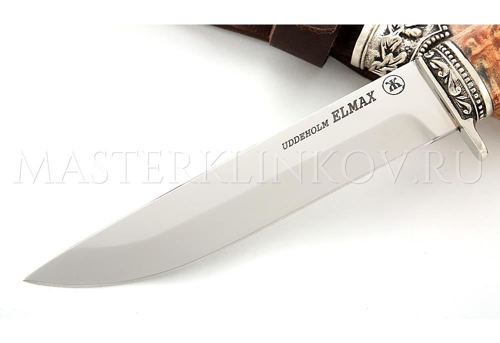 Нож из порошковой стали Elmax Соболь, рукоять и ножны - карельская береза, литье